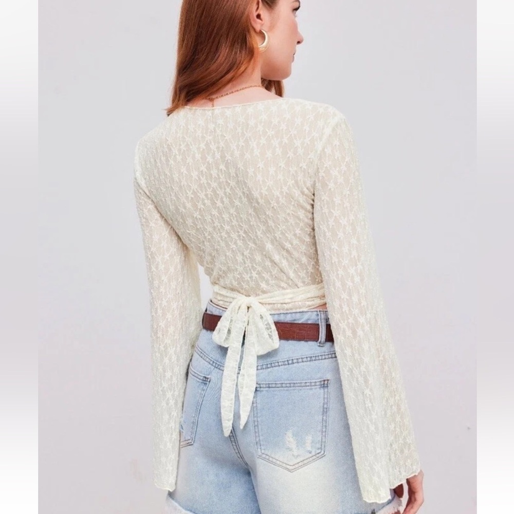 Cider Cream Lace Wrap Crop Top with Bell Sleeves - Picture 2 of 13